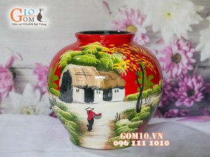 Lọ hoa sơn mài đỏ dáng vò miệng rộng vẽ làng quê 25cm