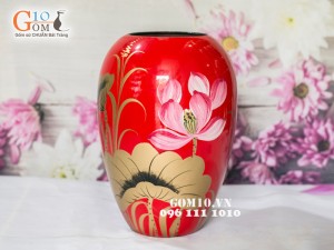 Lọ hoa sơn mài đỏ dáng xoài vẽ hoa sen 30cm