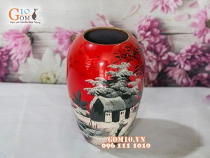 Lọ hoa sơn mài đỏ dáng xoài vẽ làng quê 30cm