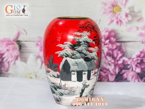 Lọ hoa sơn mài đỏ dáng xoài vẽ làng quê 26cm