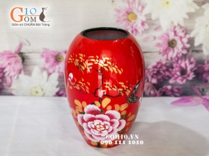 Lọ hoa sơn mài đỏ dáng xoài vẽ phù dung 22cm