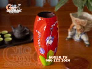 Lọ hoa sơn mài đỏ dáng xoắn bom vẽ hoa lan tím cao 30cm