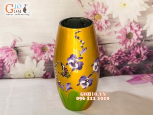 Lọ hoa sơn mài màu đồng dáng bom vẽ hoa 43cm