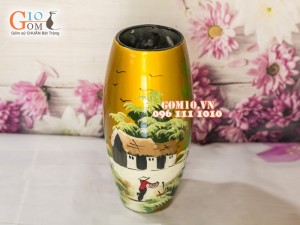 Lọ hoa sơn mài màu đồng dáng bom vẽ làng quê 43cm