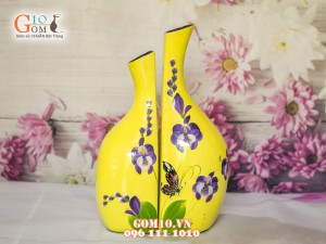 Lọ hoa sơn mài Mẫu tử rời vẽ bướm hoa - Vàng 32cm