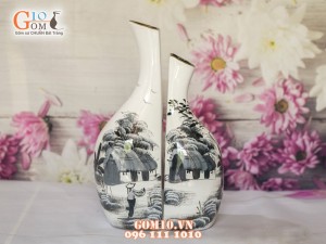 Lọ hoa sơn mài Mẫu tử rời vẽ làng quê - Trắng 32cm