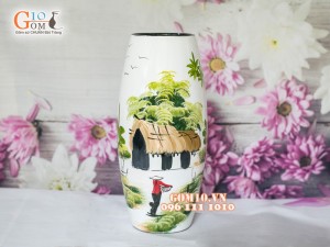 Lọ hoa sơn mài trắng dáng bom vẽ làng quê 30cm