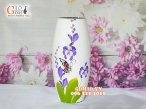 Lọ hoa sơn mài trắng dáng bom vẽ bướm hoa 28cm