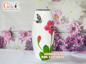 Lọ hoa sơn mài trắng dáng bom vẽ hoa 43cm