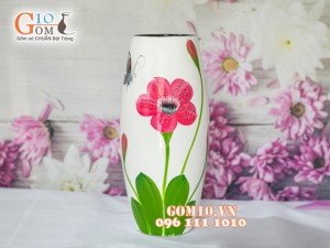 Lọ hoa sơn mài trắng dáng bom vẽ hoa 28cm