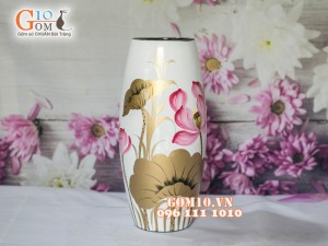 Lọ hoa sơn mài trắng dáng bom vẽ hoa sen 28cm