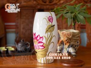 Lọ hoa sơn mài trắng dáng bom vẽ hoa sen 30cm 