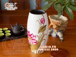 Lọ hoa sơn mài trắng dáng bom vẽ hoa sen 30cm 