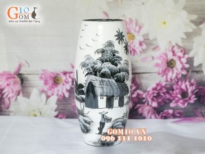 Lọ hoa sơn mài trắng dáng bom vẽ làng quê 33cm