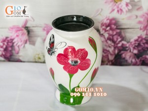 Lọ hoa sơn mài trắng dáng chân thon vẽ hoa bướm 27cm