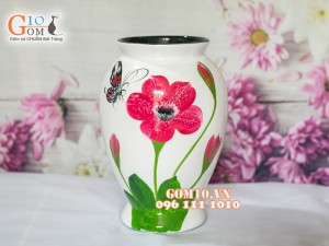 Lọ hoa sơn mài trắng dáng chân thon vẽ hoa bướm 32cm