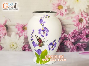 Lọ hoa sơn mài trắng dáng chân thon vẽ hoa tím 32cm