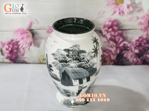 Lọ hoa sơn mài trắng dáng chân thon vẽ làng quê 27cm