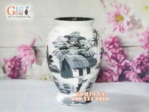 Lọ hoa sơn mài trắng dáng chân thon vẽ làng quê 27cm