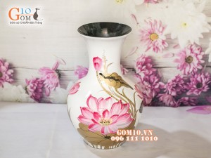 Lọ hoa sơn mài trắng dáng tỏi béo vẽ Hoa sen 35cm