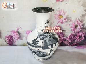 Lọ hoa sơn mài trắng dáng tỏi béo vẽ làng quê 35cm