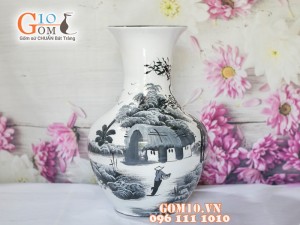 Lọ hoa sơn mài trắng dáng tỏi béo vẽ làng quê 35cm