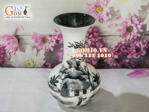 Lọ hoa sơn mài trắng dáng tỏi cao vẽ làng quê 28cm