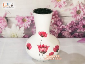 Lọ hoa sơn mài trắng dáng tỏi thấp vẽ hoa 25cm