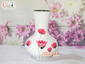 Lọ hoa sơn mài trắng dáng tỏi thấp vẽ hoa 25cm
