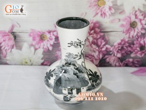 Lọ hoa sơn mài trắng dáng tỏi thấp vẽ làng quê 25cm