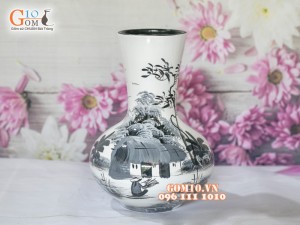 Lọ hoa sơn mài trắng dáng tỏi thấp vẽ làng quê 25cm