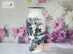 Lọ hoa sơn mài trắng dáng viền cổ vẽ làng quê 32cm