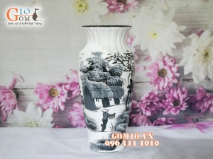 Lọ hoa sơn mài trắng dáng viền cổ vẽ làng quê 32cm