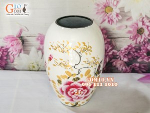 Lọ hoa sơn mài trắng dáng xoài vẽ phù dung 30cm