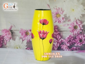 Lọ hoa sơn mài vàng dáng bom vẽ hoa 30cm