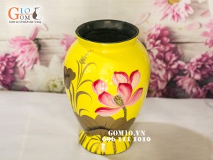 Lọ hoa sơn mài vàng dáng chân thon vẽ hoa sen 27cm