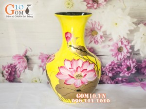 Lọ hoa sơn mài vàng dáng tỏi béo vẽ hoa sen 35cm