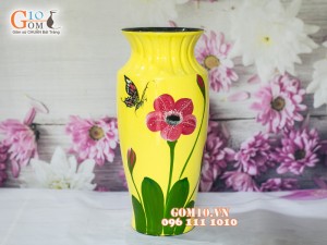 Lọ hoa sơn mài vàng dáng viền cổ vẽ hoa 32cm