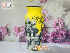 Lọ hoa sơn mài vàng dáng viền cổ vẽ làng quê 32cm