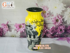 Lọ hoa sơn mài vàng dáng viền cổ vẽ làng quê 32cm
