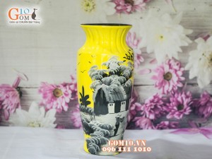 Lọ hoa sơn mài vàng dáng viền cổ vẽ làng quê 32cm