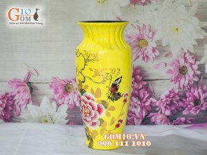 Lọ hoa sơn mài vàng dáng viền cổ vẽ phù dung 32cm
