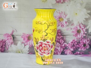 Lọ hoa sơn mài vàng dáng viền cổ vẽ phù dung 32cm