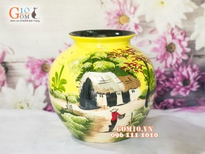 Lọ hoa sơn mài vàng dáng vò vẽ làng quê 23cm