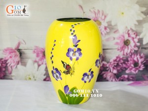 Lọ hoa sơn mài vàng dáng xoài vẽ hoa bướm 30cm