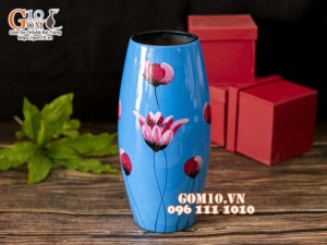 Lọ hoa sơn mài xanh đậm dáng bom vẽ hoa Tuylip hồng cao 43cm