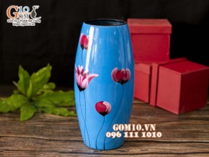 Lọ hoa sơn mài xanh đậm dáng bom vẽ hoa Tuylip hồng cao 43cm