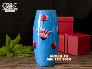 Lọ hoa sơn mài xanh đậm dáng bom vẽ hoa Tuylip hồng cao 30cm