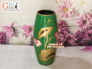 Lọ hoa sơn mài xanh dáng bom vẽ hoa sen 43cm