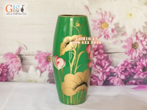Lọ hoa sơn mài xanh dáng bom vẽ hoa sen 28cm